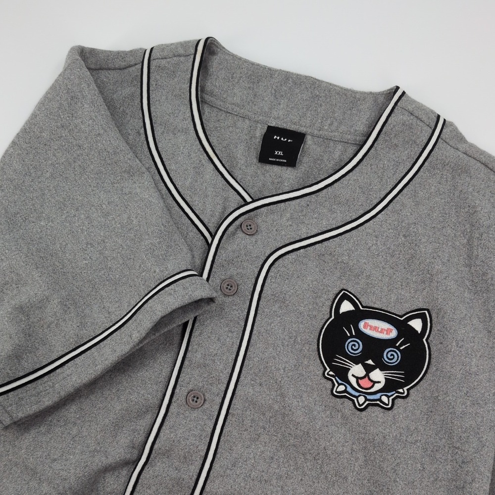 HUF Gato Baseball Jersey Gray XXL Men Black Cat Felt Patch Heavyweight Retro Y2K